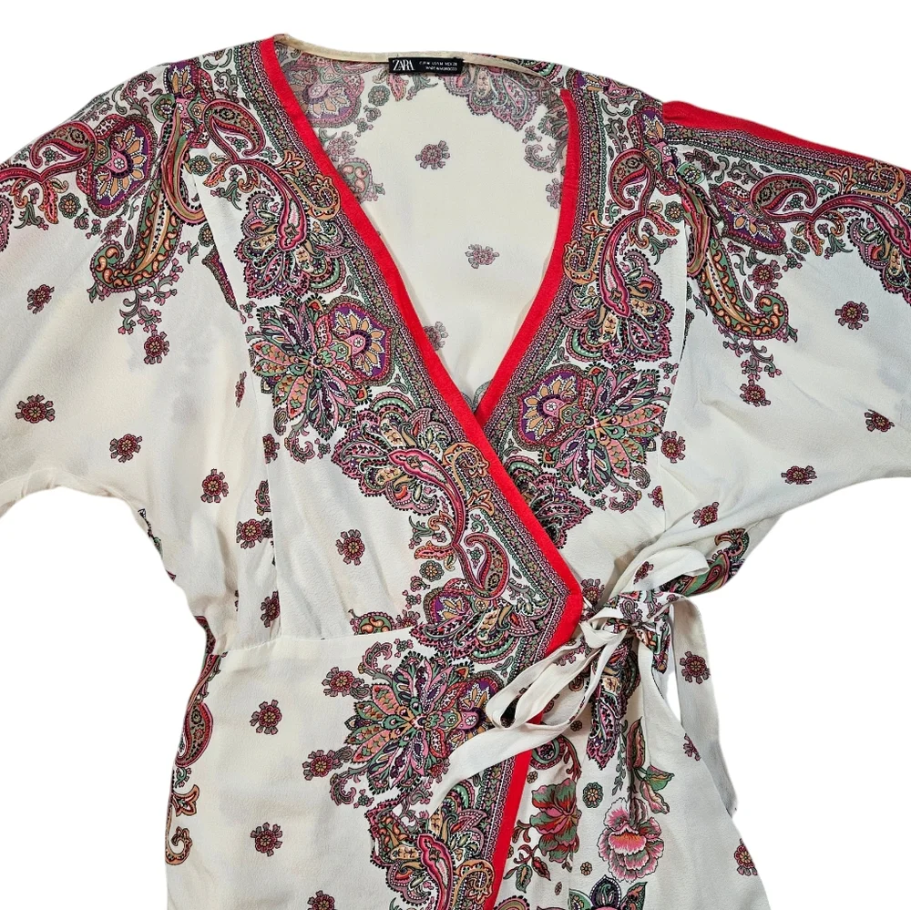 Zara Pink Paisley Floral Print Wrap Mini Dress Sz M Tie Waist Feminine Flirty - Picture 11 of 16